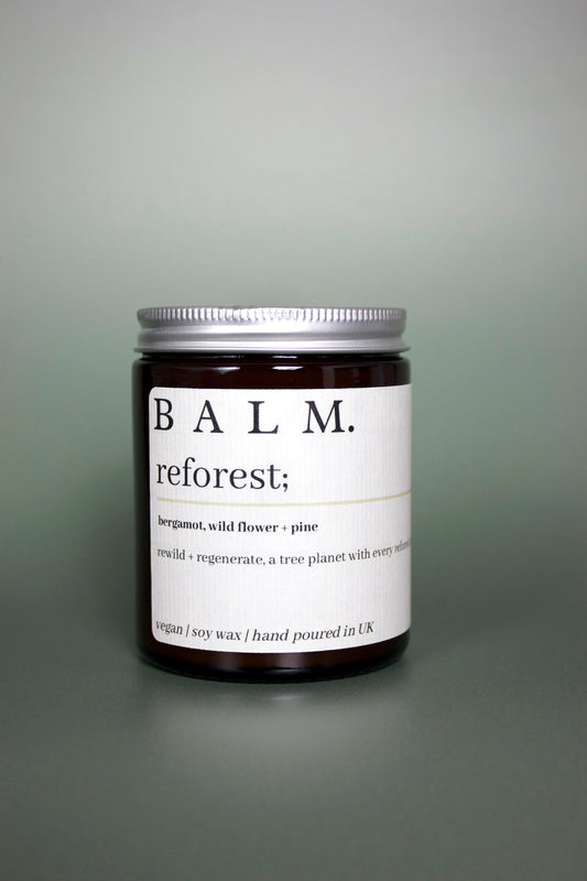 Packaged in a recyclable opaque glass jar with an aluminium lid, the Reforest Candle was created as an ode to the forests. Scent notes: Subtle, floral, earthy. Top notes of bergamot and wild flower, heart of balsam and tonka, base notes of oak moss and pine.