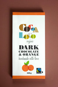 This Coco Loco bar of organic dark chocolate is perfectly paired with notes of orange, adding a zesty kick combined with rich indulgence. Packaged in recyclable material, with colourful orange borders and dark bold writing 