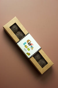 A recyclable natural card box with a transparent rectangular window, displaying 6 delicious organic chocolate truffles