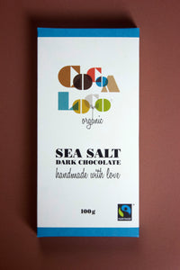 A beautifully packaged, organic sea salt chocolate bar, with ocean blue top and bottom borders and dark bold writing