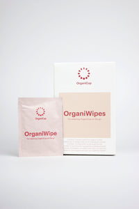 Organi wipes by Allmatters are wipes designed to sustainably clean your menstrual cup on the go. Packaged in aesthetically pleasing baby pink foil, and a recyclable white box with a baby pink block on the front.